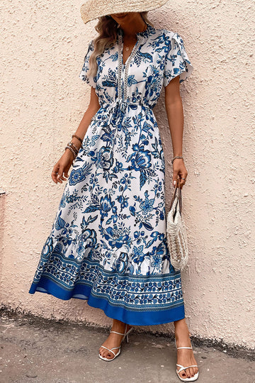 White and Blue Floral A Line Summer Dress with Short Sleeves